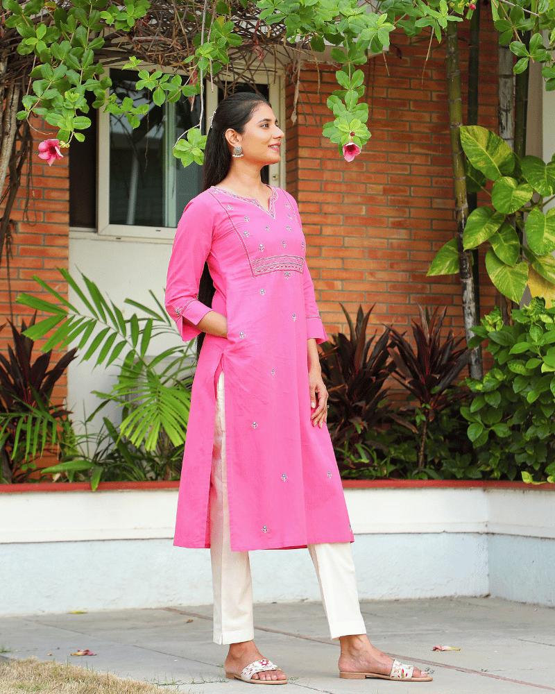 Flowers Embroidered Pink Cotton Kurta side view
