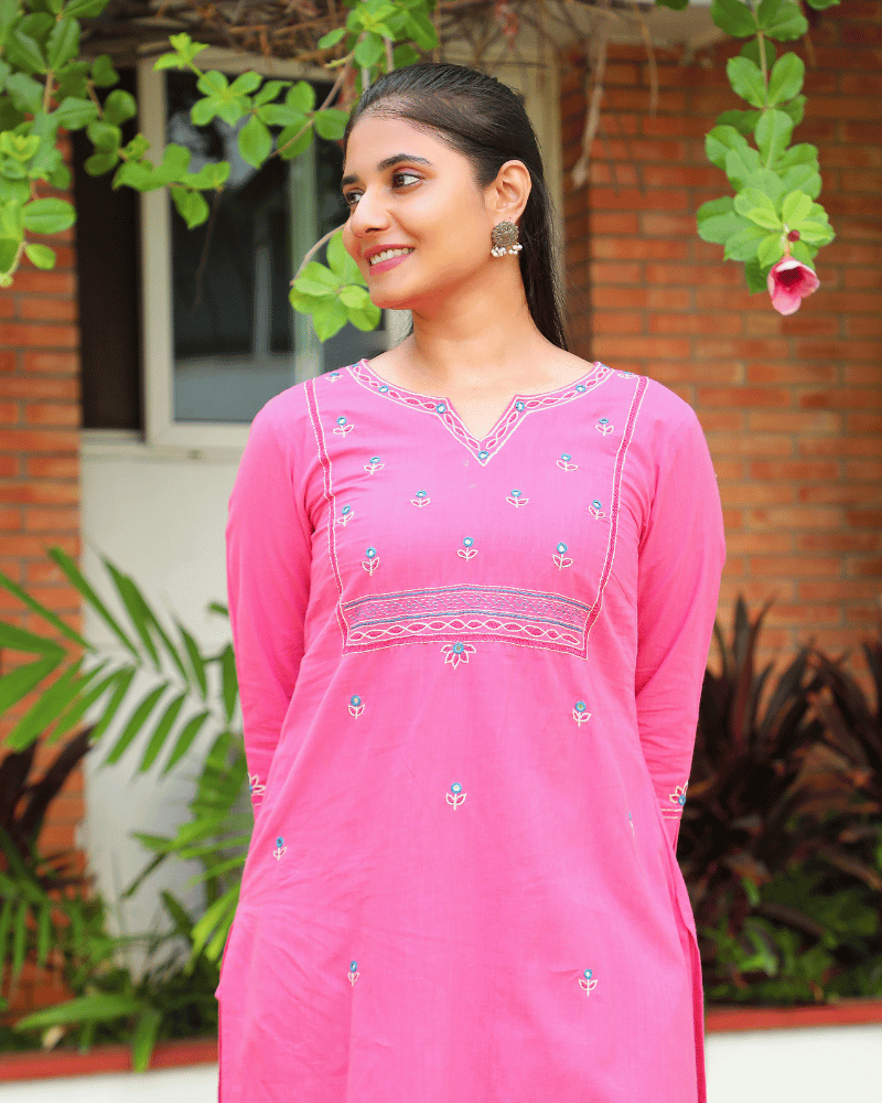 Flowers Embroidered Pink Cotton Kurta neck view