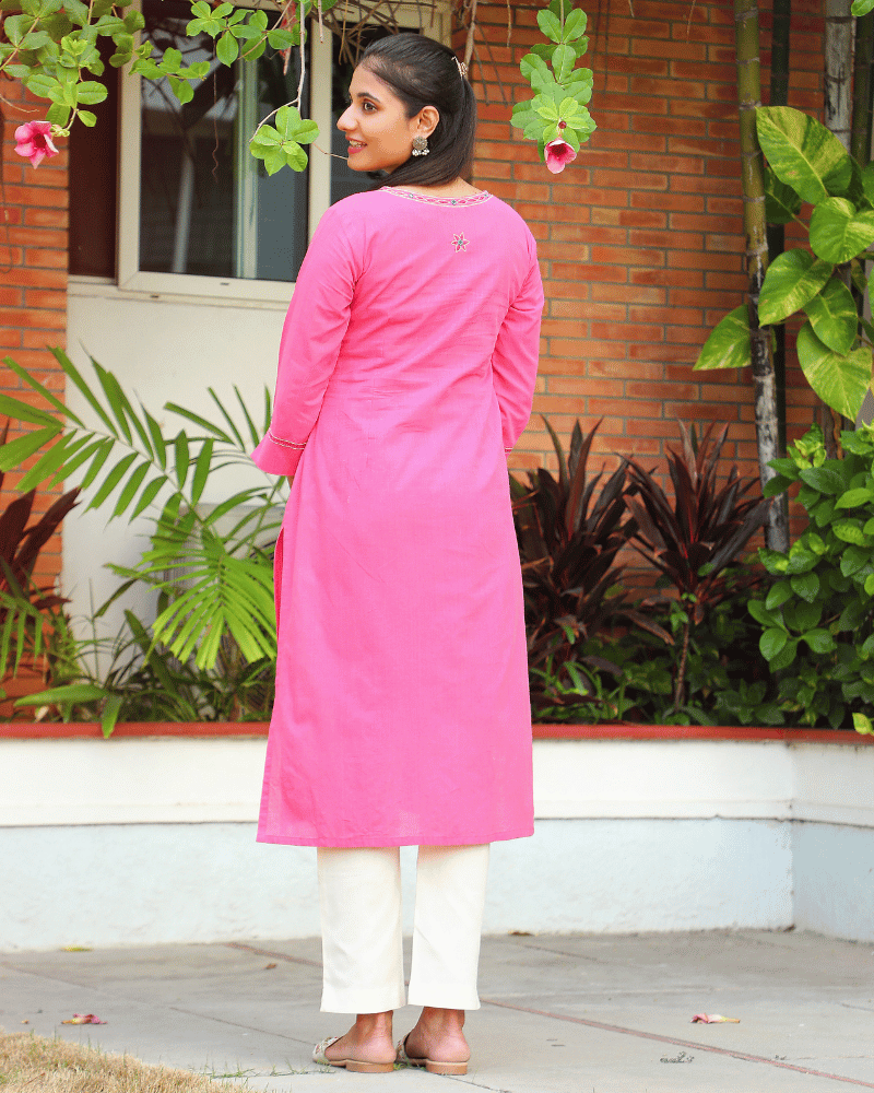 Flowers Embroidered Pink Cotton Kurta back view