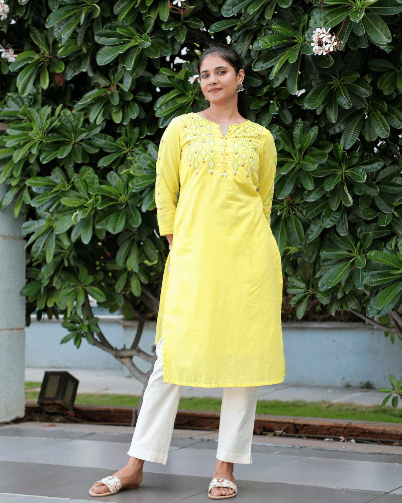 Wave Embroidered Yellow Cotton Kurta - front