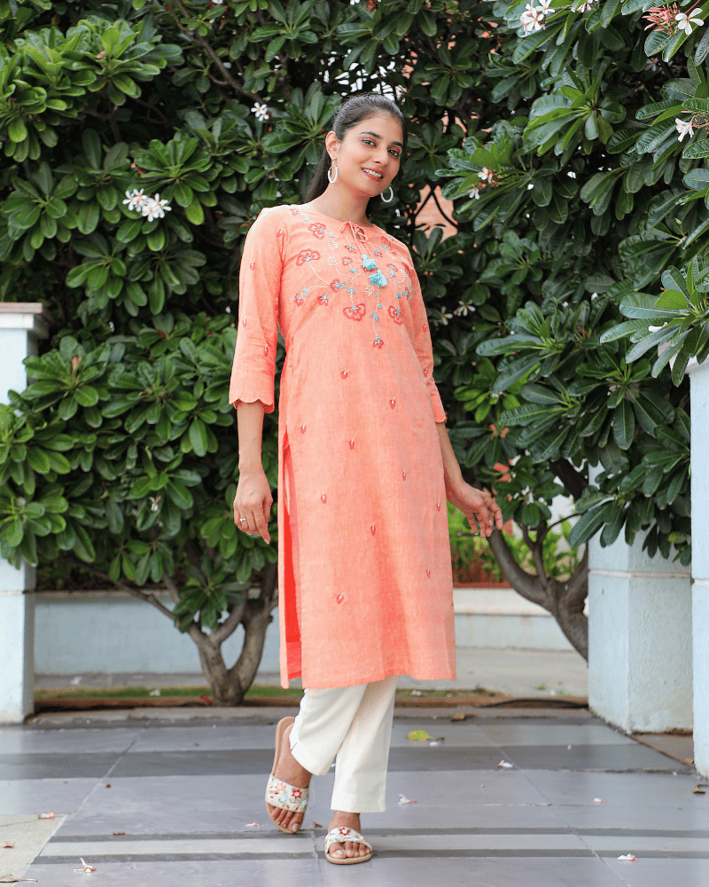 "Scallops" design embroidered peach cotton kurta-full