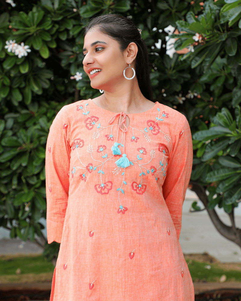 "Scallops" design embroidered peach cotton kurta-front