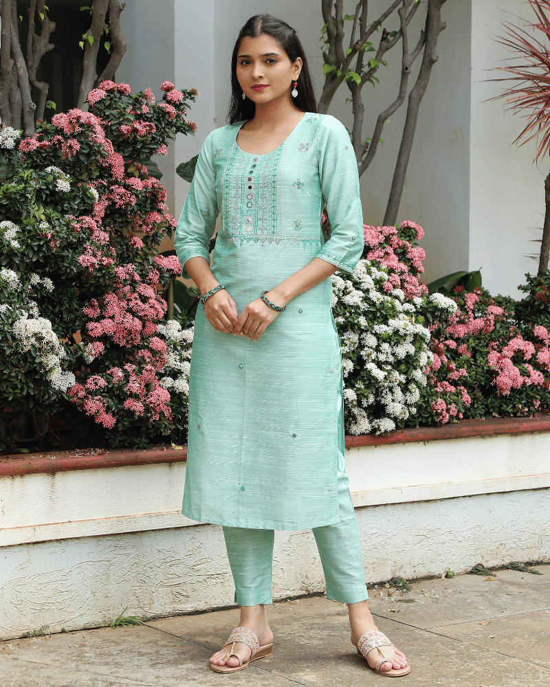Mint Green Silk Mirror Embroidery Kurta - Front