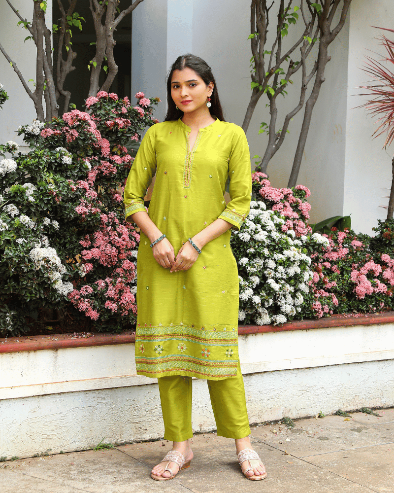 Mercerized Ikat Lime Green Kurta with Mirror Embroidery - front