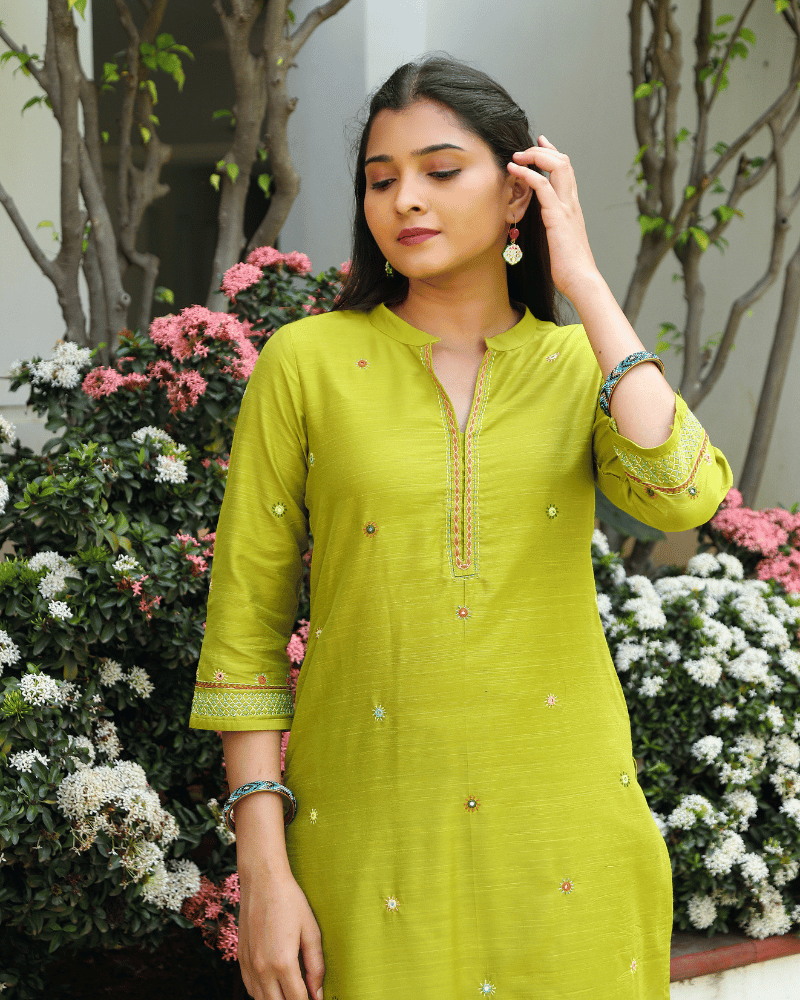 Mercerized Ikat Lime Green Kurta with Mirror Embroidery - sleeves