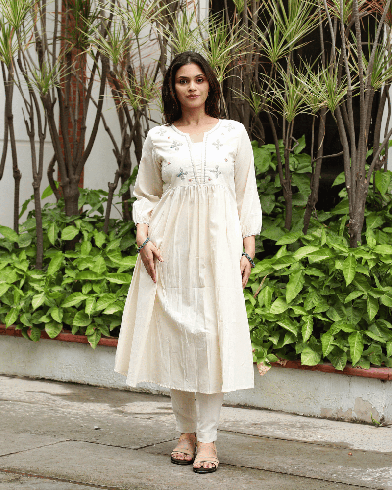 White Cotton Kurta with Hand Embroidery - Front