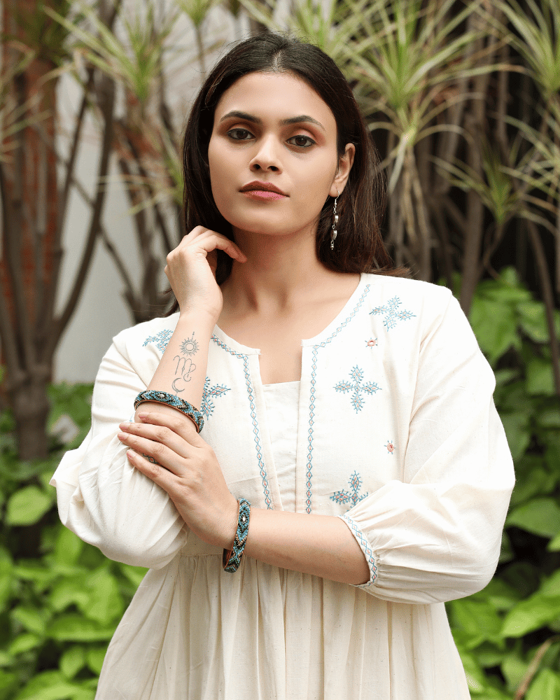 White Cotton Kurta with Hand Embroidery - Sleeves