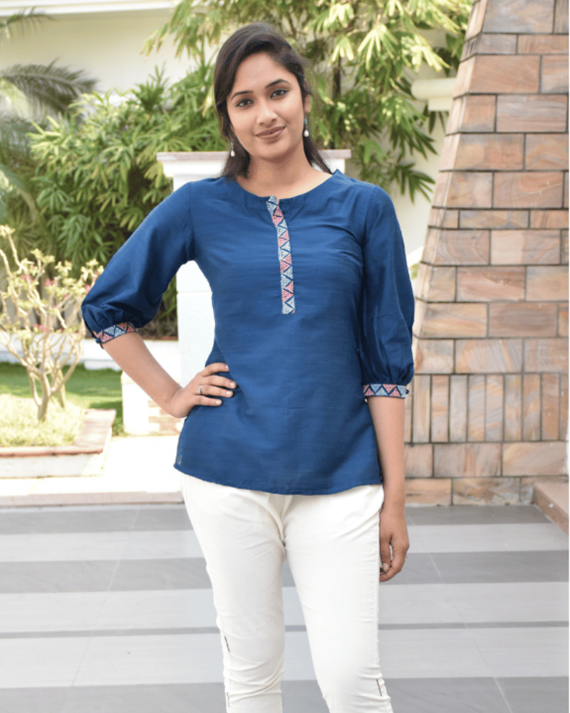 Blue Embroidery Silk Kurta - front