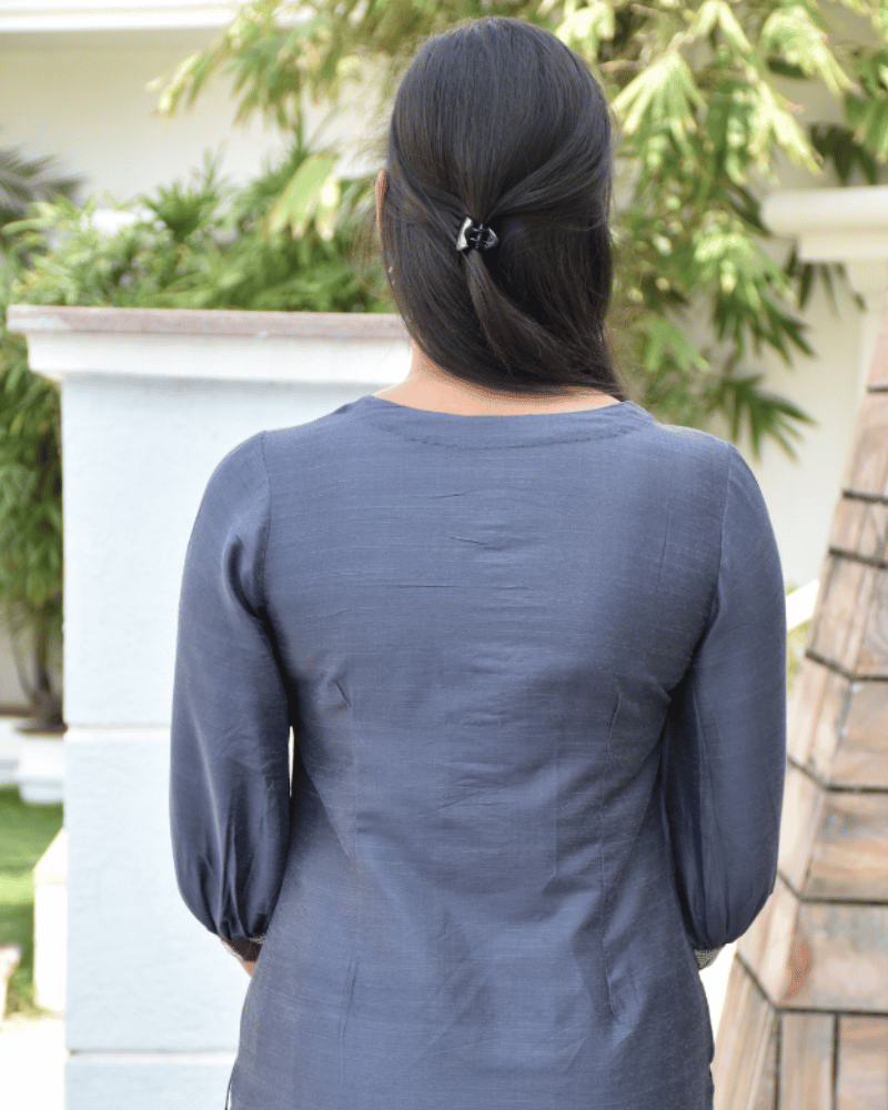 Grey Embroidery Silk Kurta - back