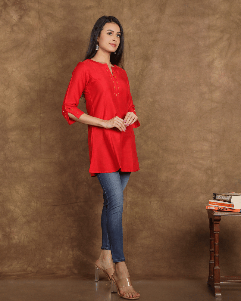 Red Embroidery Silk short top - sleeve
