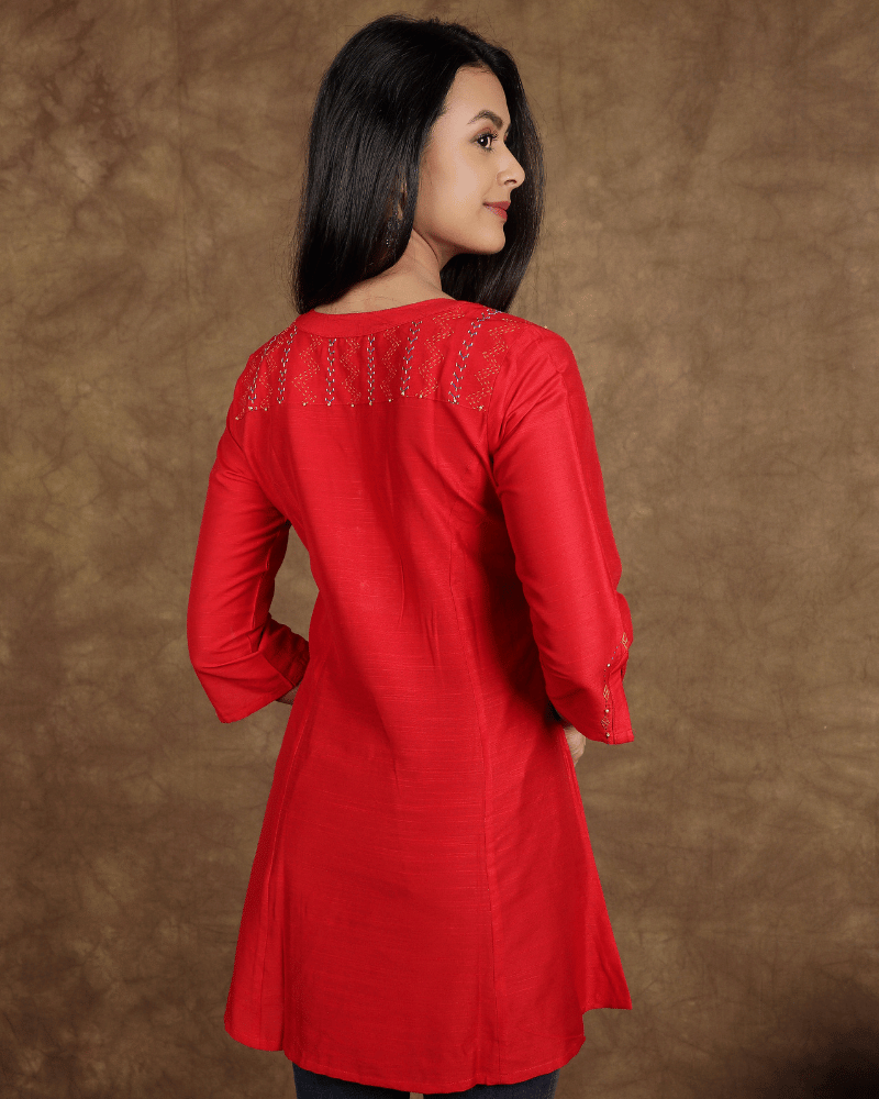 Red Embroidery Silk short top - back