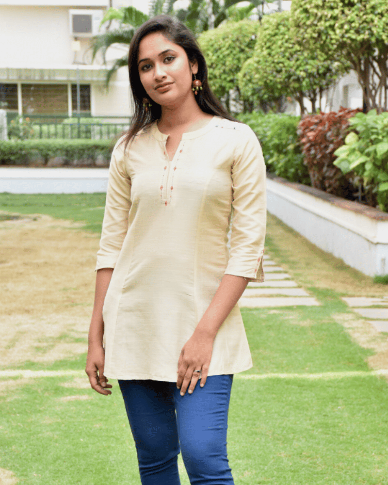 Cream Embroidery Silk short top - front