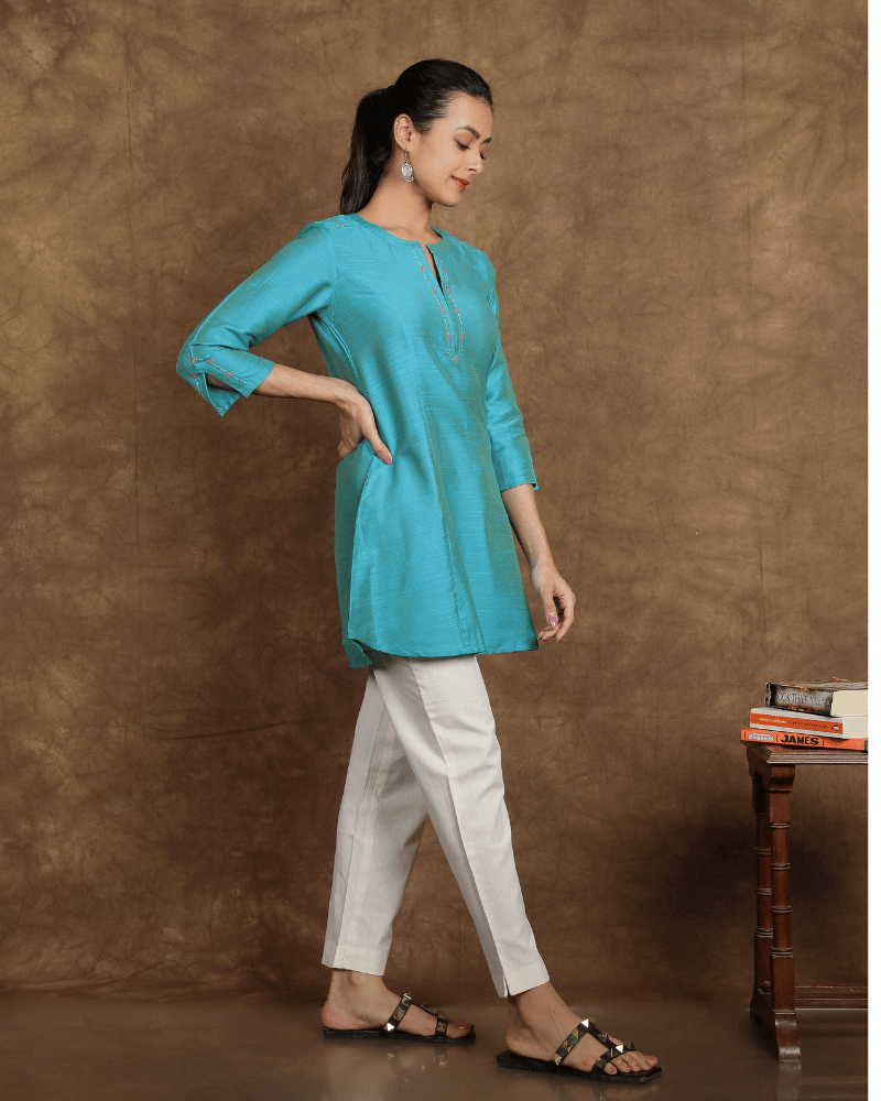 Blue Embroidered Silk Tunic - side