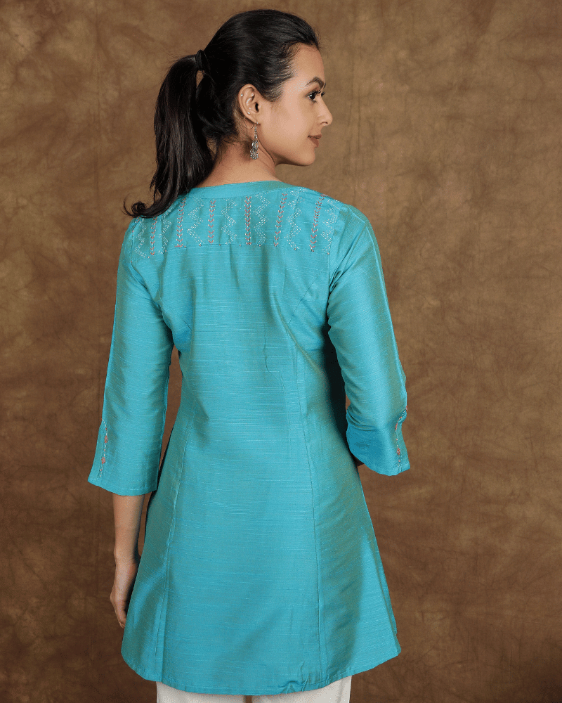 Blue Embroidered Silk Tunic - back