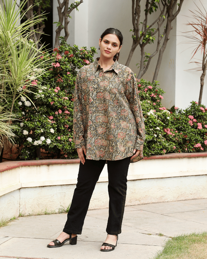 Stylish Women’s Green Kalamkari Cotton Shirt - free size