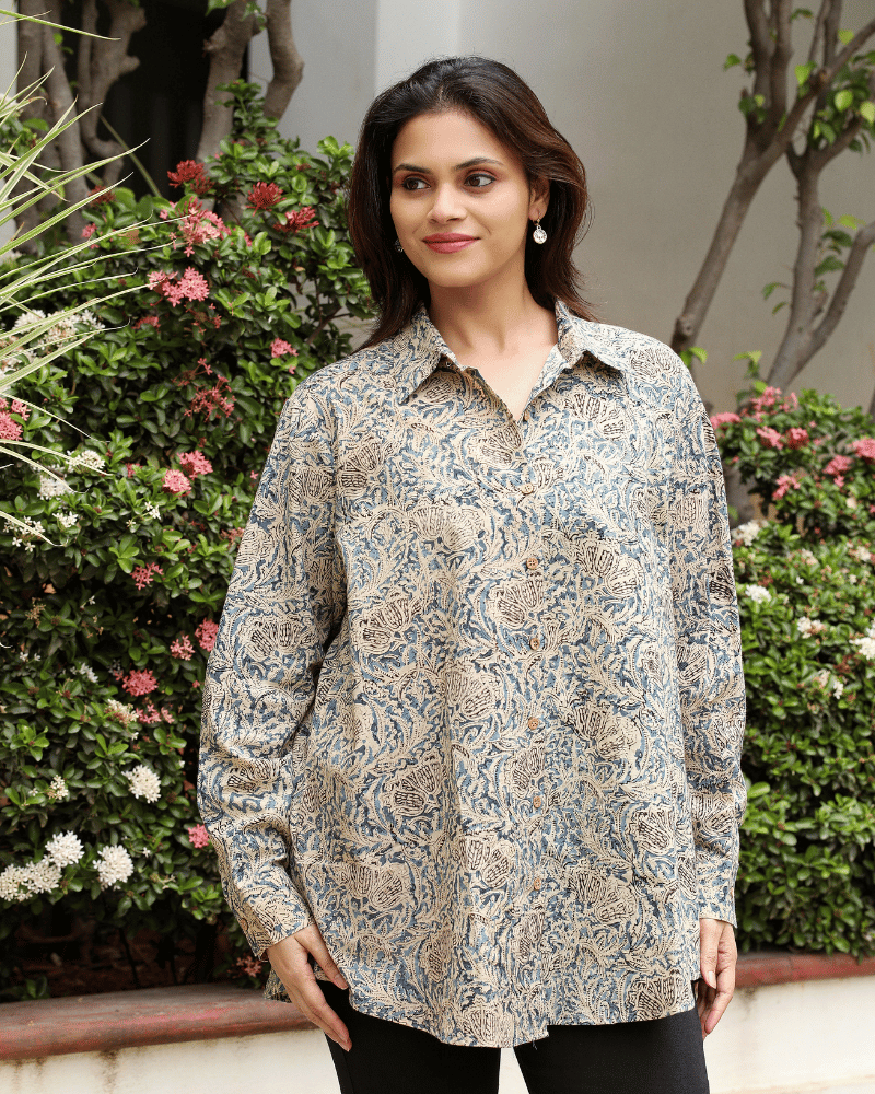 Stylish Women’s Blue Kalamkari Cotton Shirt - front