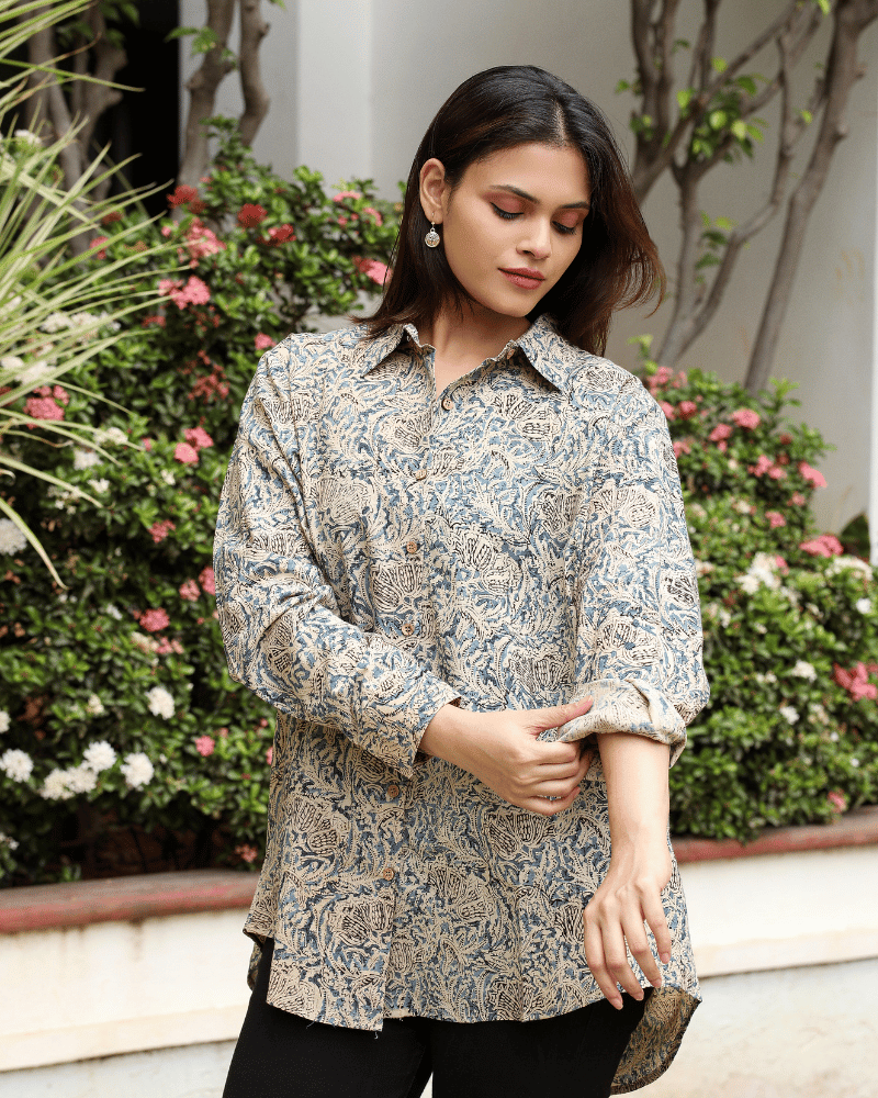 Stylish Women’s Blue Kalamkari Cotton Shirt - sleeves