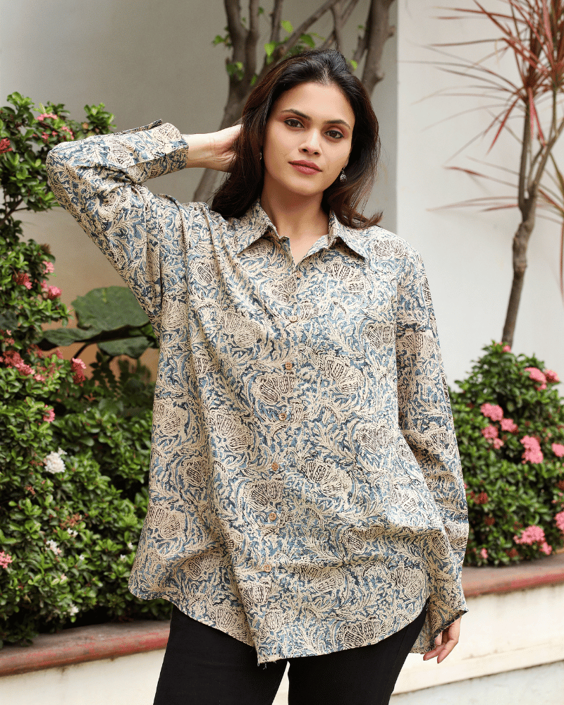 Stylish Women’s Blue Kalamkari Cotton Shirt - collar