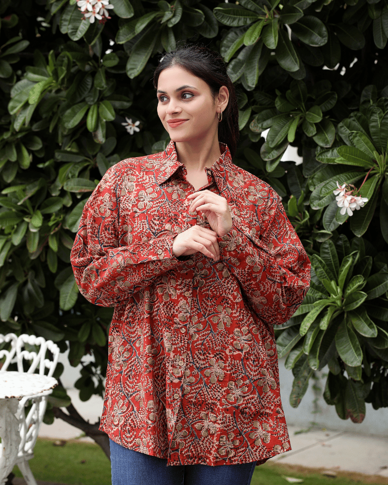 Stylish Women’s Red Kalamkari Cotton Shirt - collar