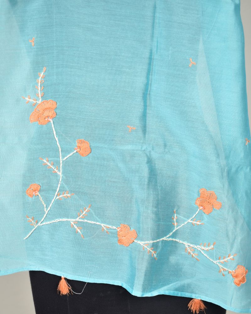 Light blue chanderi silk stole with hand embroidery