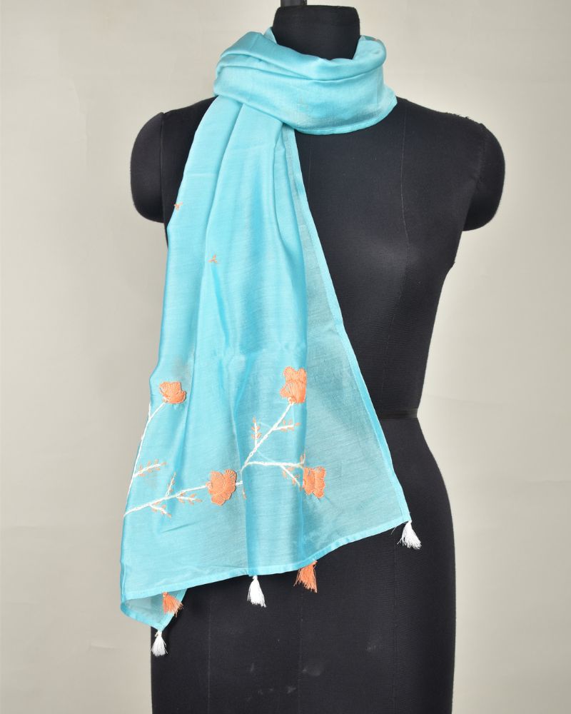 Light blue chanderi silk stole with hand embroidery