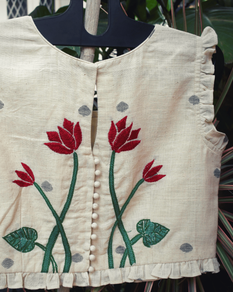 Lotus motif offwhite jamdani croptop blouse - embroidery