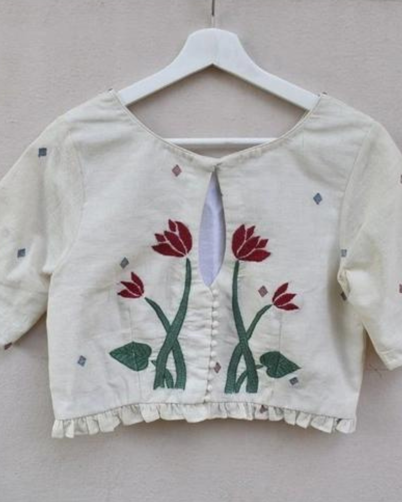 Lotus motif offwhite jamdani croptop blouse - embroidery