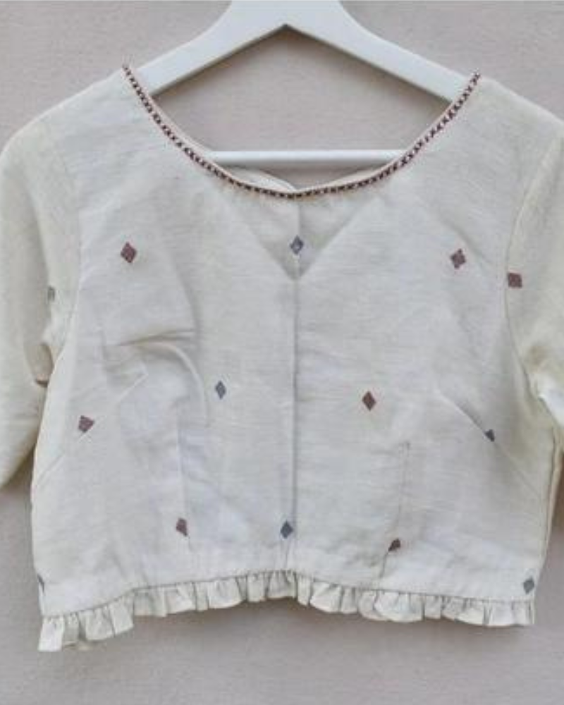 Lotus motif offwhite jamdani croptop blouse - front