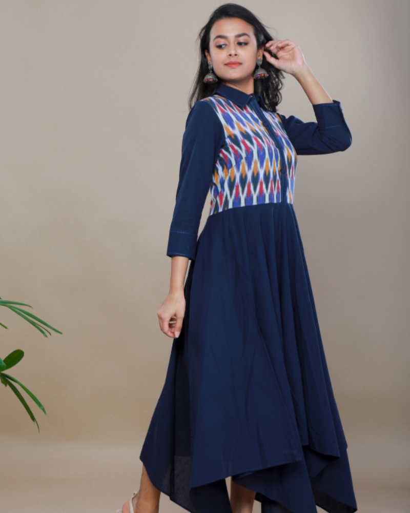 MANGALAGIRI COTTON DRESS IN INDIGO BLUE WITH AN IKAT YOKE