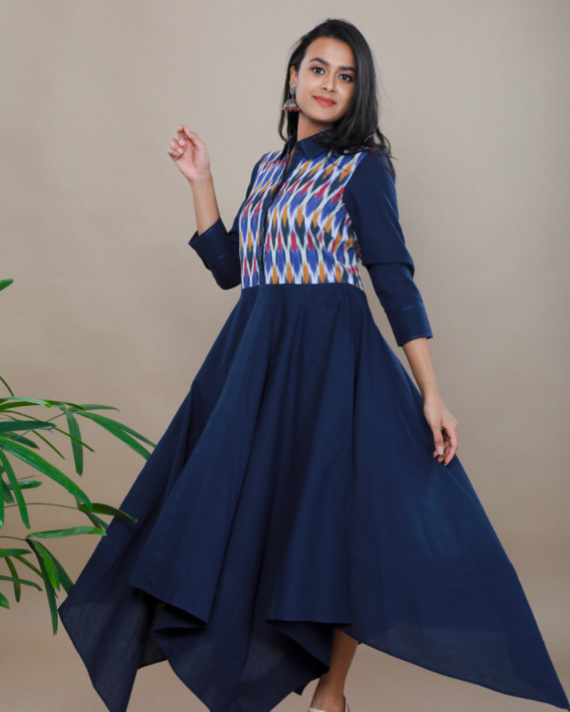 MANGALAGIRI COTTON DRESS IN INDIGO BLUE WITH AN IKAT YOKE