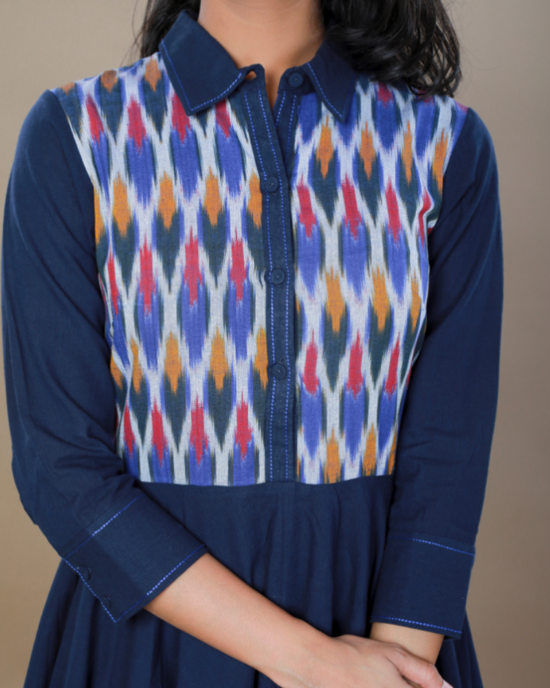 MANGALAGIRI COTTON DRESS IN INDIGO BLUE WITH AN IKAT YOKE