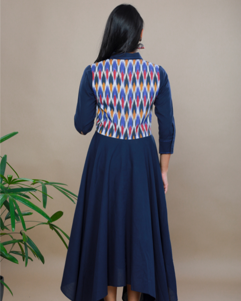 MANGALAGIRI COTTON DRESS IN INDIGO BLUE WITH AN IKAT YOKE