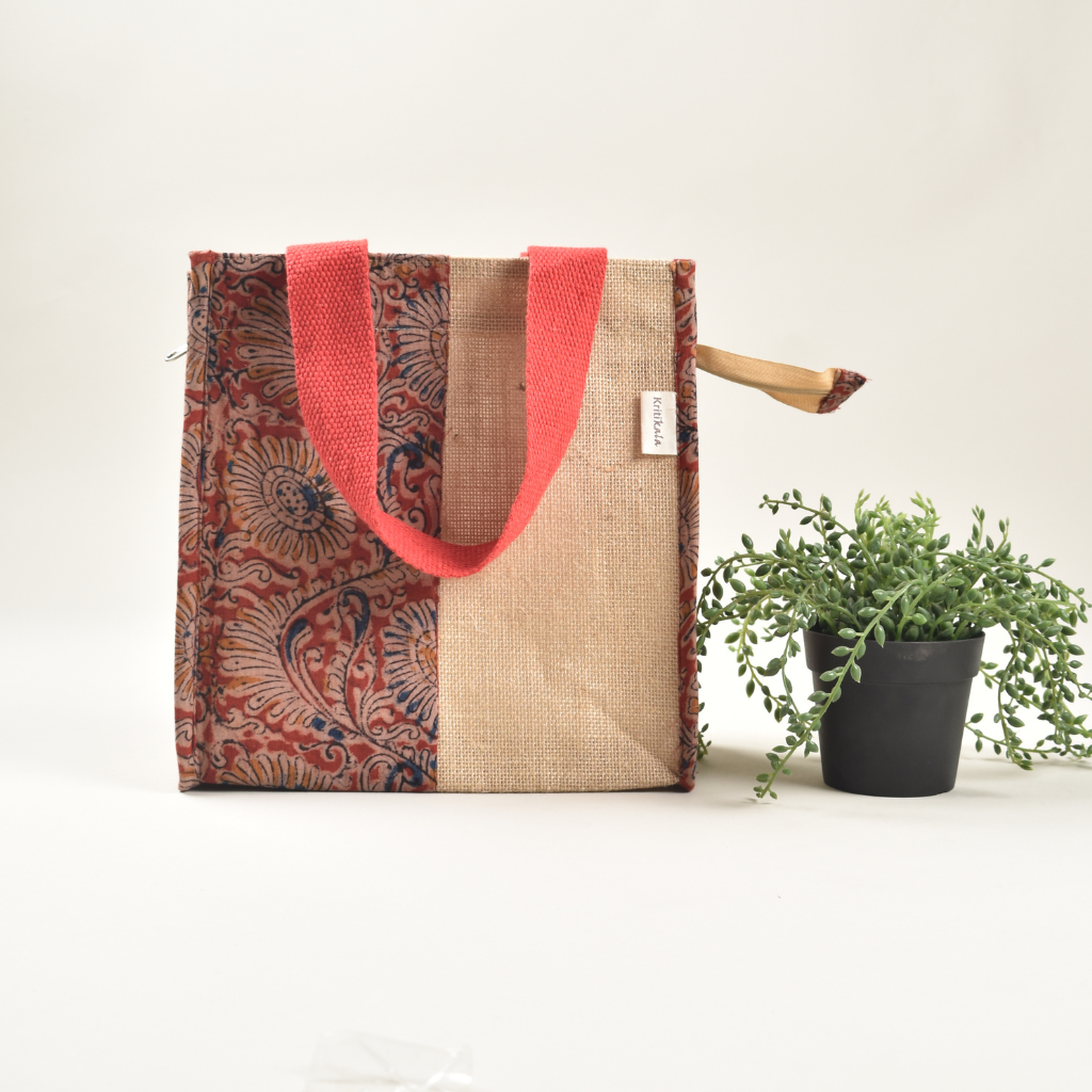 Red kalamkari & jute lunch bag - front
