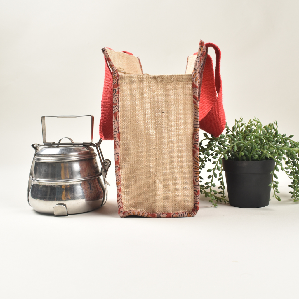 Red kalamkari & jute lunch bag - handle