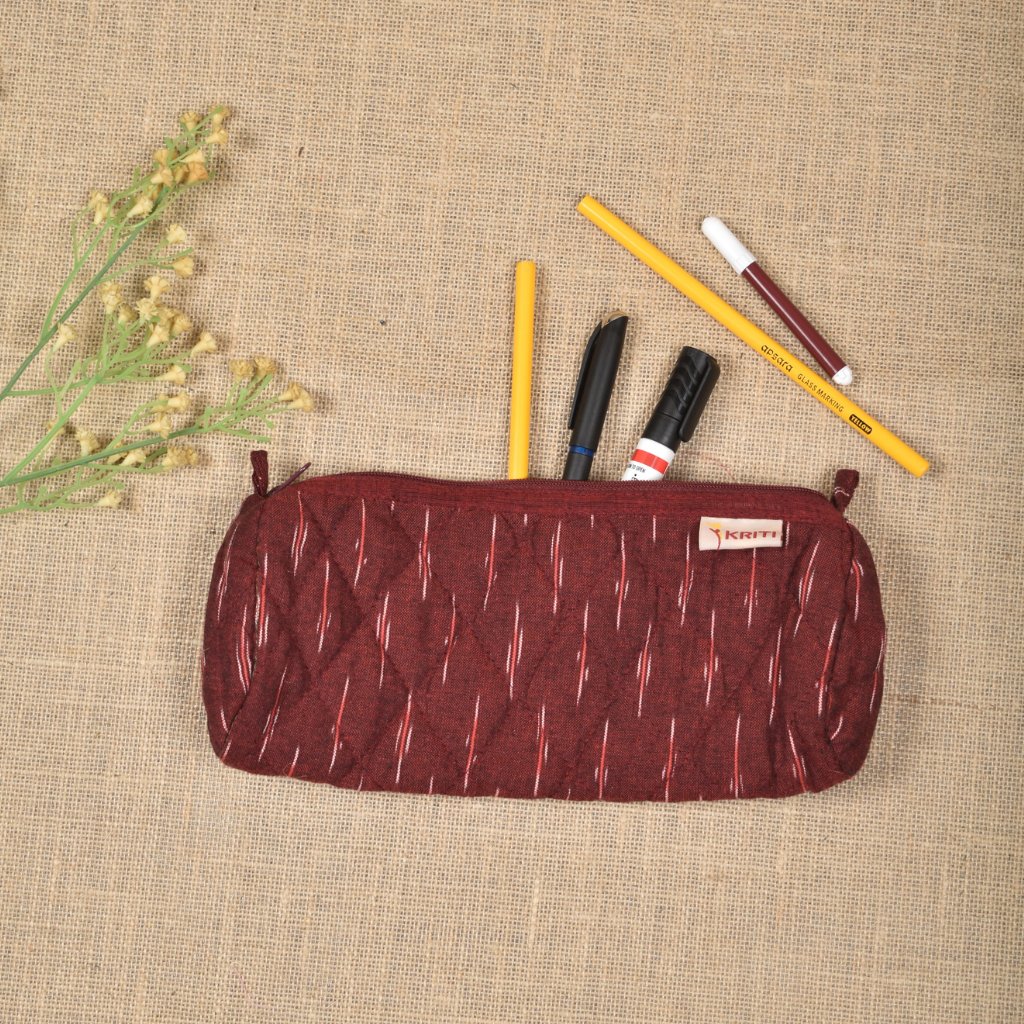 Maroon round ikat pouch - inside