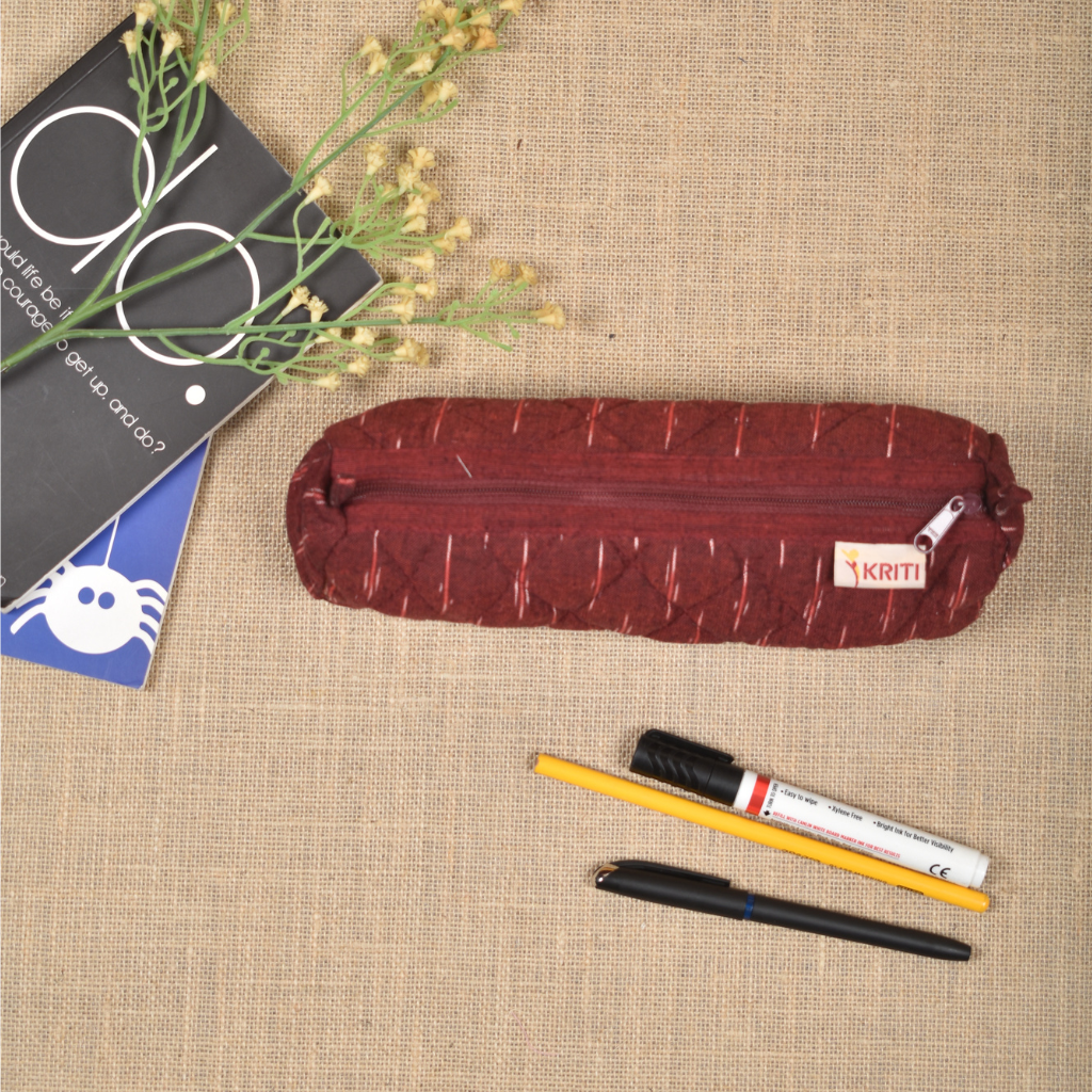 Maroon round ikat pouch - zip