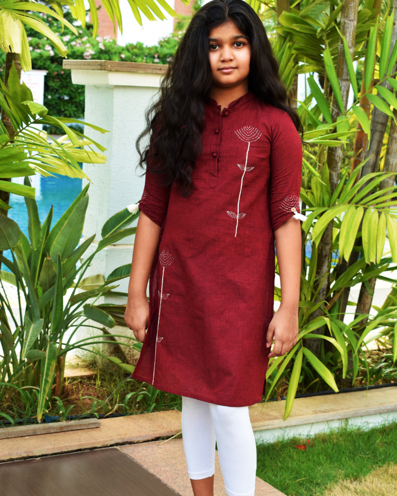 Maroon Embroidery Mandarin Collar Kurta For Girls