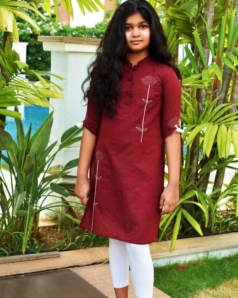 Maroon Mandarin Collar Kurta For Girls