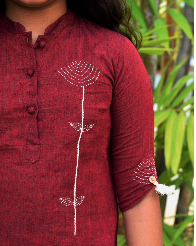 Maroon Embroidery Mandarin Collar Kurta For Girls