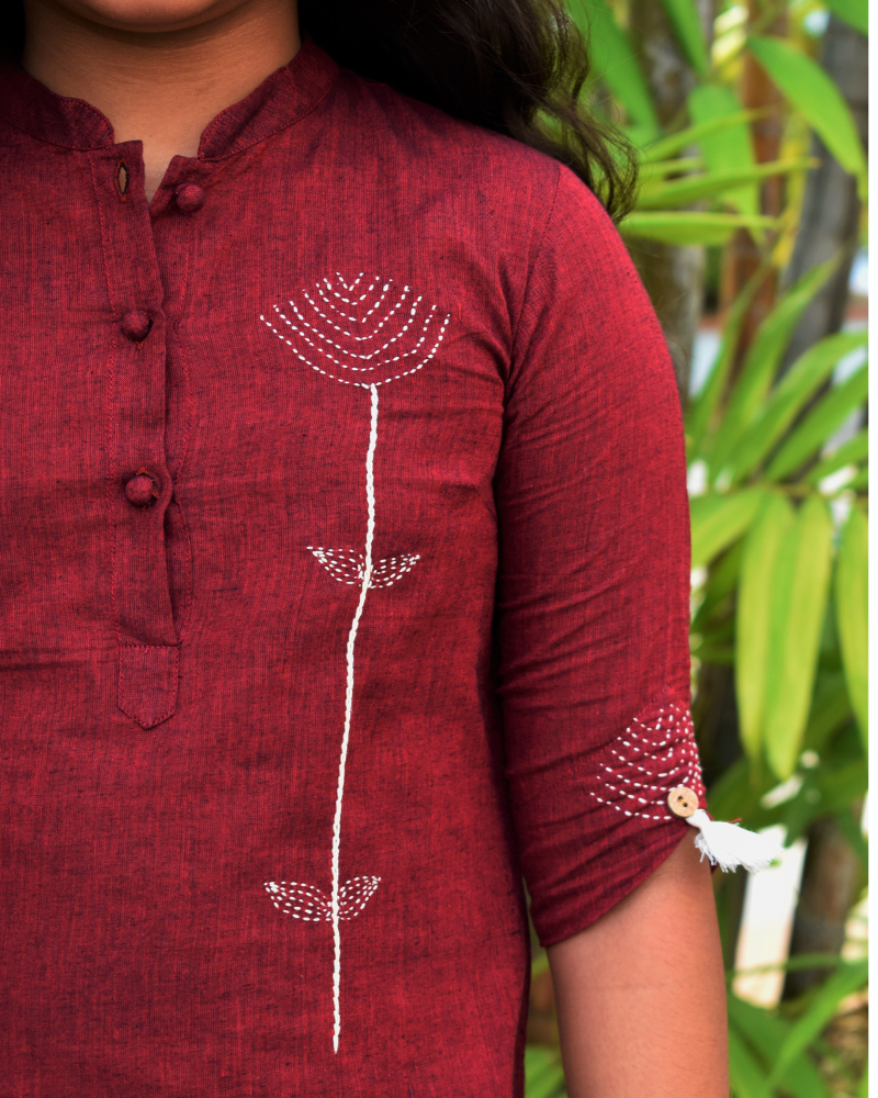 Maroon Mandarin Collar Kurta For Girls