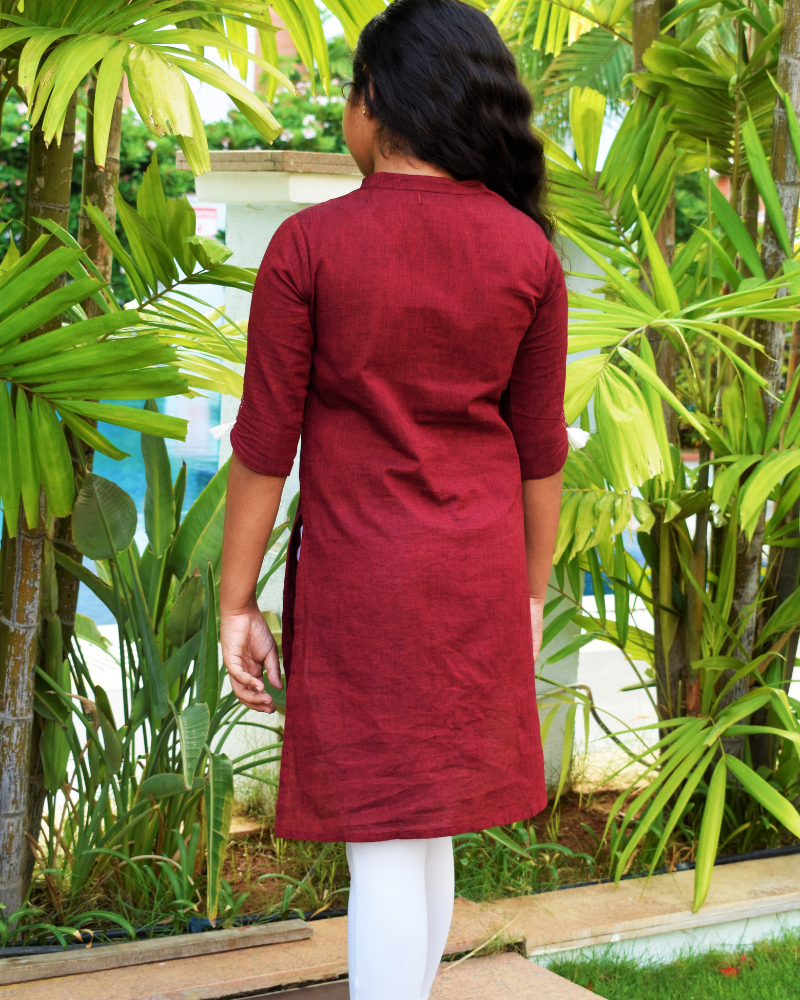 Maroon Embroidery Mandarin Collar Kurta For Girls