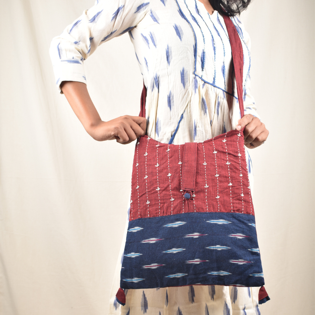 Embroidery blue ikat sling bag