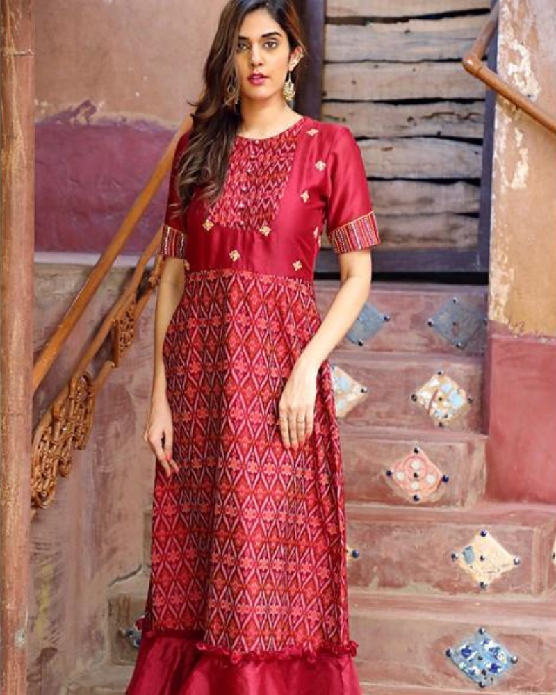 Maroon chanderi and SICO ikat gown with hand embroidery