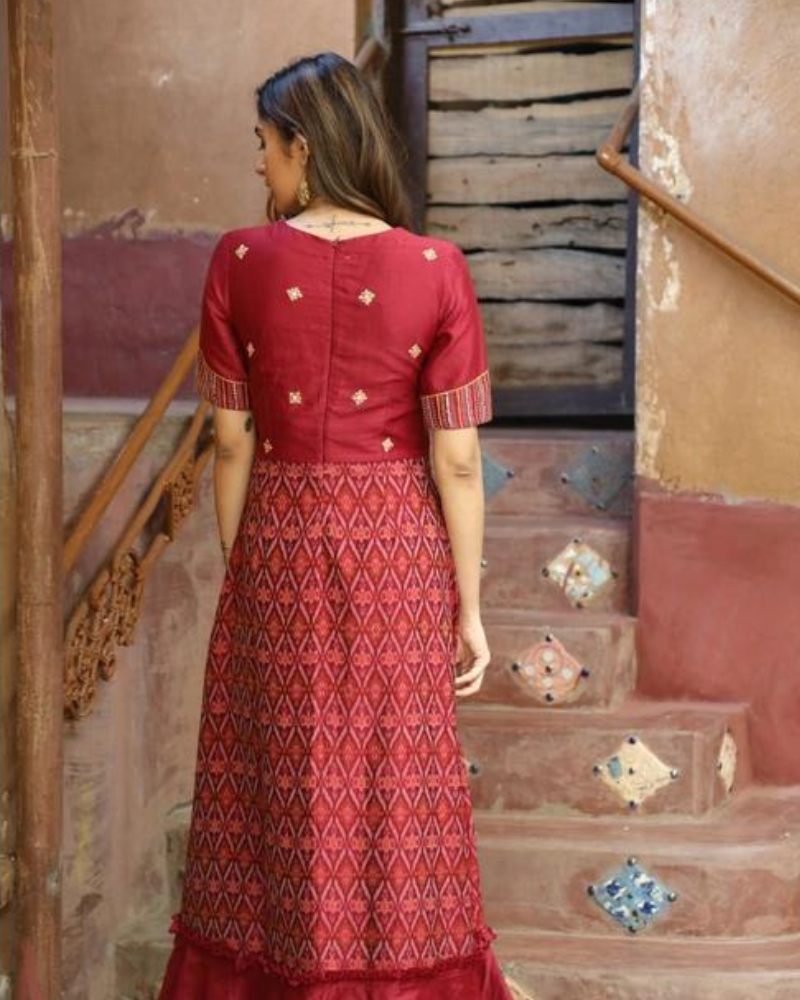 Maroon chanderi and SICO ikat gown with hand embroidery