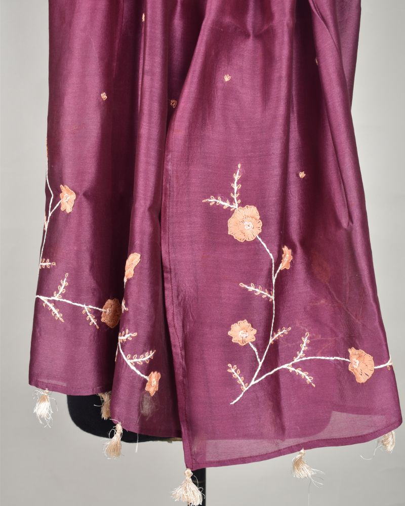 Maroon chanderi silk stole with hand embroidery