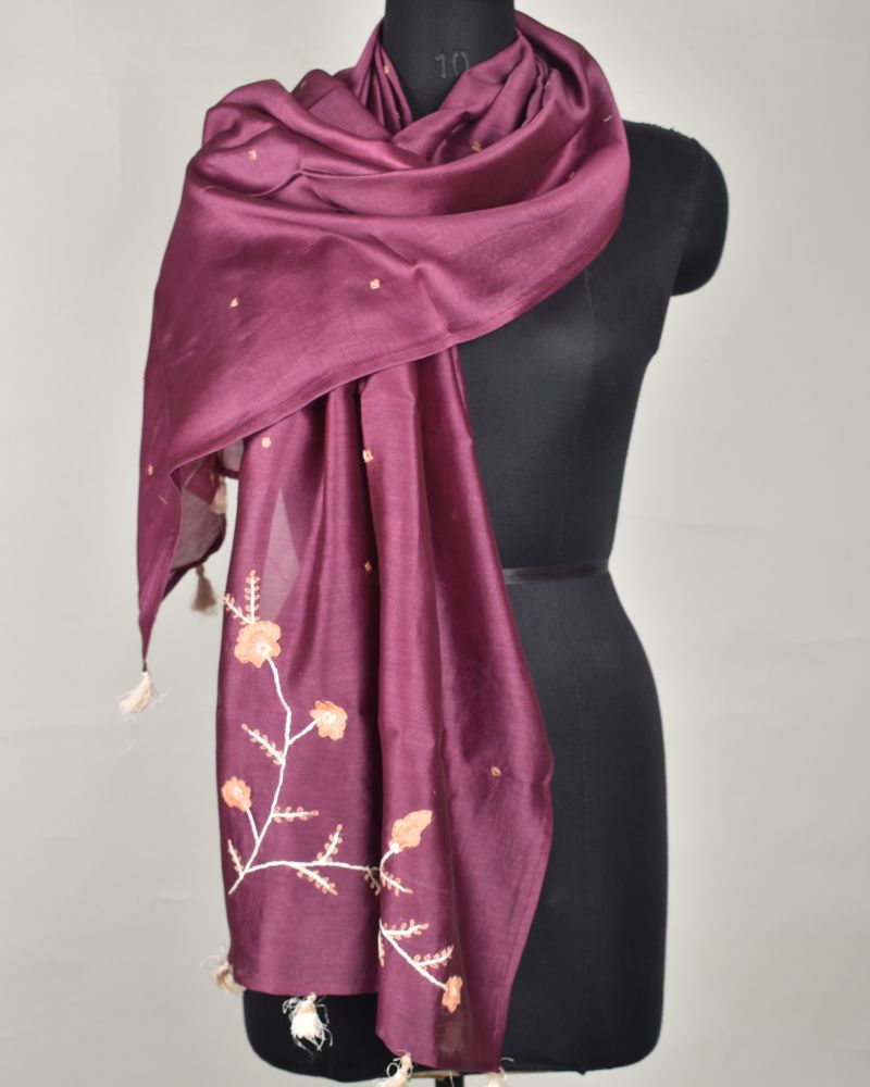 Maroon chanderi silk stole with hand embroidery