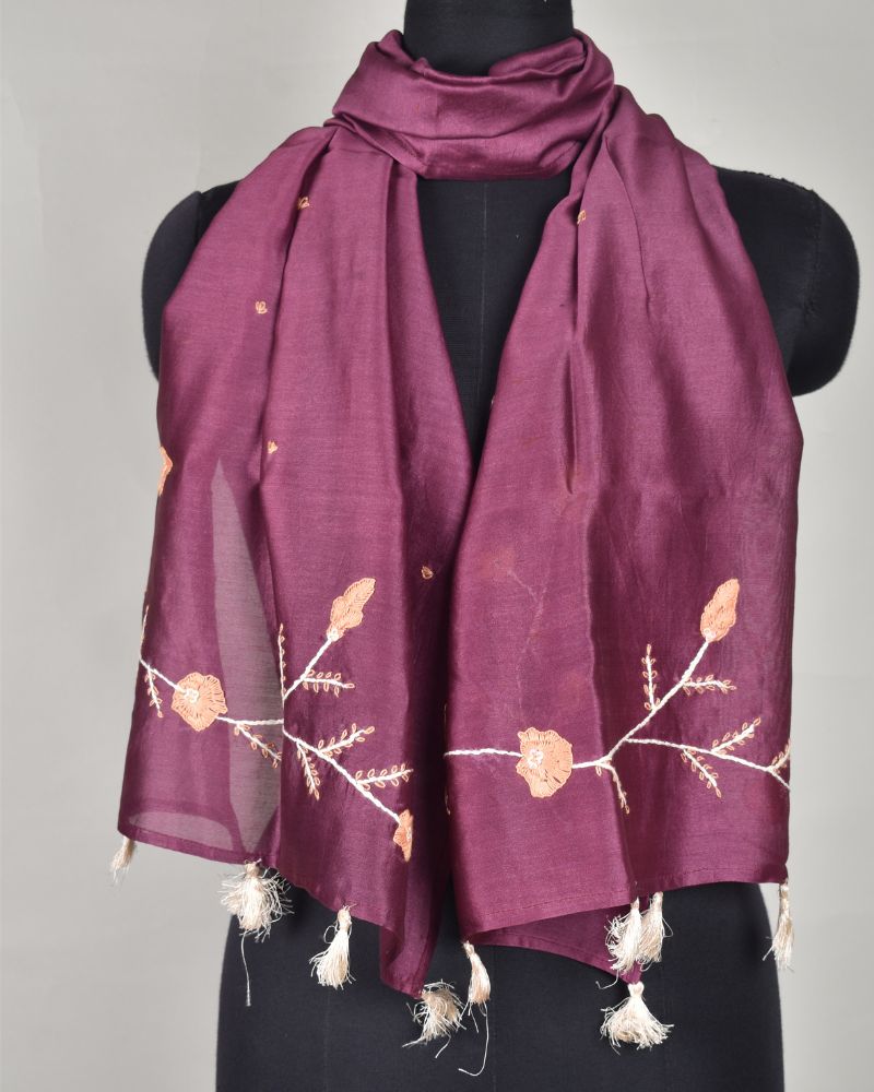 Maroon chanderi silk stole with hand embroidery
