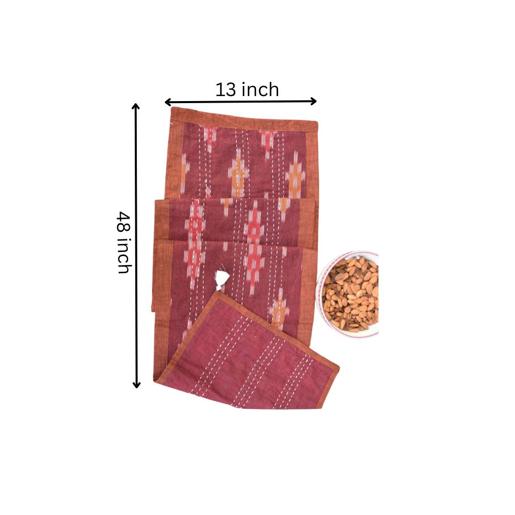 Maroon ikat reversible table runner with kantha embroidery