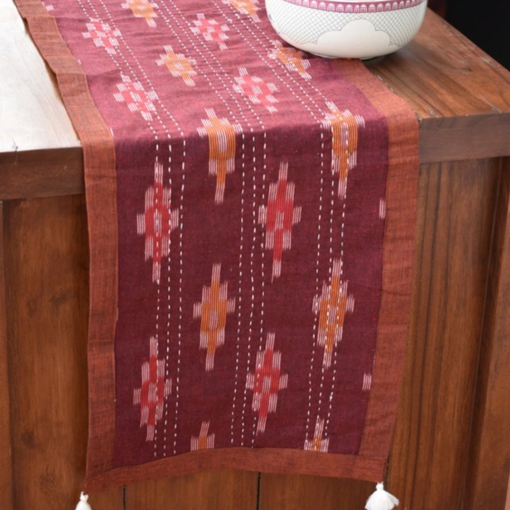 Maroon ikat reversible table runner with kantha embroidery