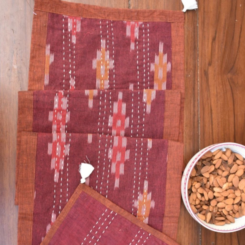 Maroon ikat reversible table runner with kantha embroidery